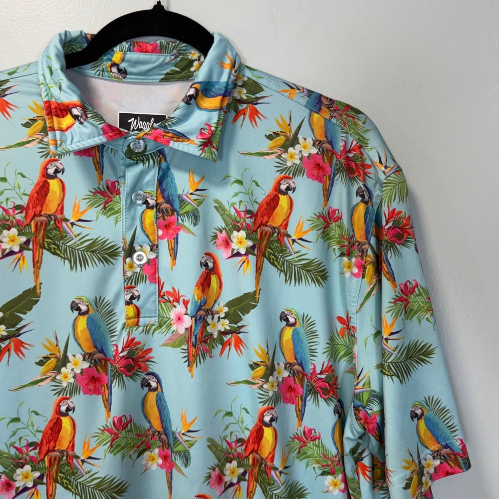 Waggle Golf Polo‎ Shirt Mens XL Blue Parrot Tropical Floral Short Sleeve